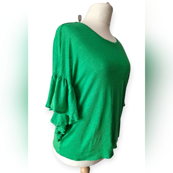 Zara Green 100% Linen Ruffle Sleeve Round Neck Knit Blouse Top Size Large - Picture 6 of 10